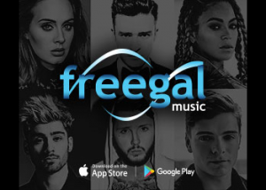 Grayscale pictures of faces of famous recording artists like Adele, Justin Timberlake, Beyonce with the text Freegal Music over it