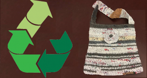 Recycle Logo next to a purse made out of supermarket plastic bags