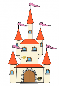 Fairy Tale Castle with pink flags on the top of orange spires