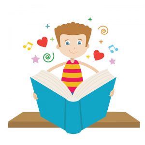 A boy in a yellow and red striped shirt reading a blue book with hearts and music notes swirling around his head