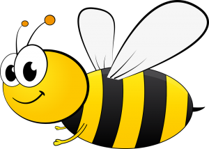 A drawing of a smiling bee with really big eyes