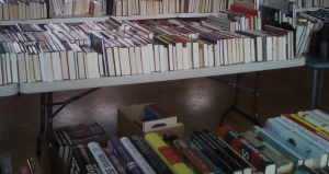 Tables with Books lined up on them so that you can't see the top of the table anymore