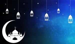 Ramadan lamps and symbol on a blue background