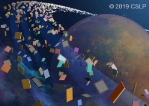 Books in a ring around a planet in space