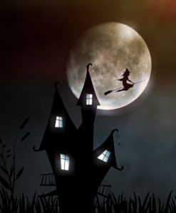 A crooked house and a witch flying away on a broom with a large moon in the background