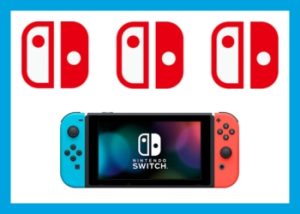 Three red nintendo switch icons above a blue , black, and red nintendo switch all surrounded by a blue border