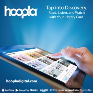 hoopla logo on a blue background with text about tapping on discovery and all above a finger using a tablet