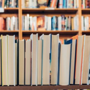 Shelf of books with pages facing us with taller shelves out of focus behind