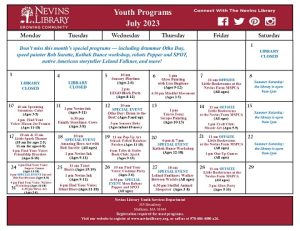 ScreenCap of the July 2023 Youth Programs Calendar