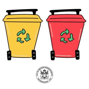 Mustard Yellow bin with wheels and a recycling symbol next to a red bin with wheels and a recycling symbol