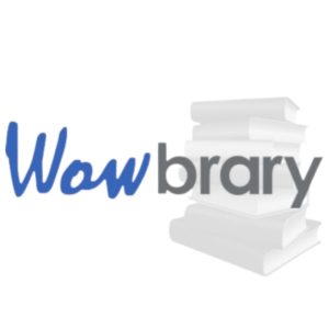 Wowbrary logo in front of pile of grey books