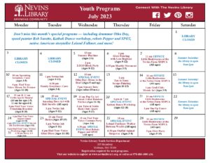 Large screencap of July 2023 Youth Programs Calendar