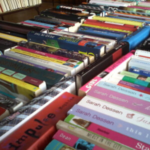 Table full of multicolored books