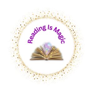 The words Reading is Magic with an open book under it in a circle made of gold dots