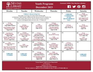 Screencap of December 2023 Youth Programs Calendar