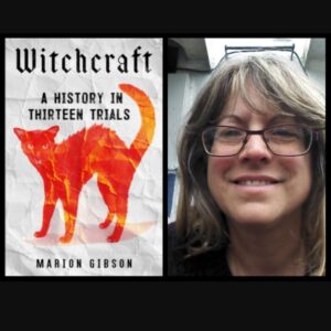 Book cover with word Witchcraft and orange cat next to a smiling grey haired woman in glasses