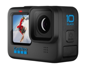 Black and square GoPro Hero 10 camera with the picture of a skier on its preview screen