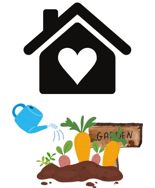 Outline of a house with a heart instead of a window in the middle and a garden with carrots in it being watered by a blue watering can