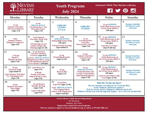 Screencap of July 2024 Youth Programs Calendar