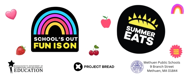 A black and yellow sticker that says summer eats and a sticker that says school's out fun is on with a rainbow above it