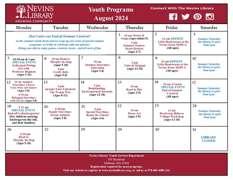 Screencap of August 2024 Youth Programs Calendar