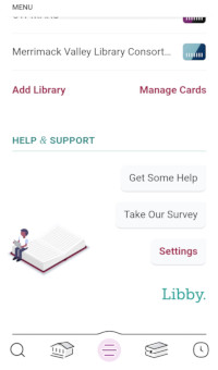 Screencap of Libby App Your Libraries Page down at the Add Library and Settings