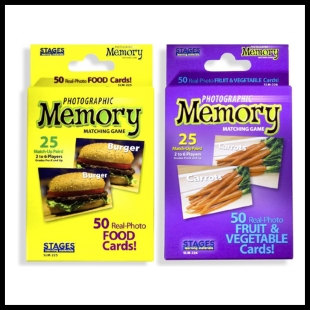 A purple Photographic Memory cover with two pictures of carrots on it and a yellow photographic memory cover with two pictures of a hamburger on it