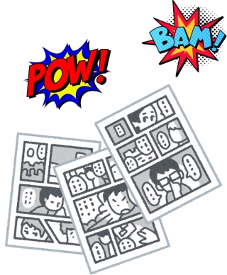 Three black and white graphic novel pages with the comic book style words power and bam above them