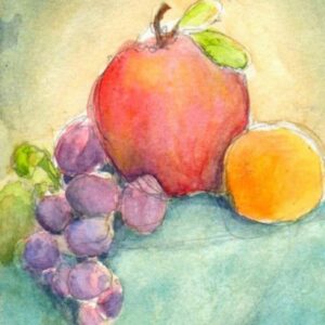 Watercolor painting of an apple, orange fruit, and purple grapes on a table