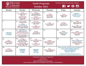 Screencap of October 2024 Youth Programs Calendar