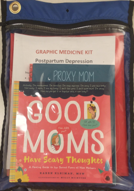 Blue bag with a clear front which the book Good Moms as well as the title Postpartum Depression shows through