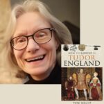 Smiling light skinned woman with glasses and white mid length hair next to the book How to Survive in Tudor England