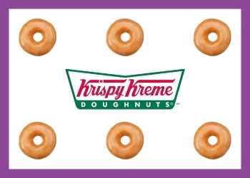 Six individual Krispy Kreme donuts around the green and red Krispy Kreme logo