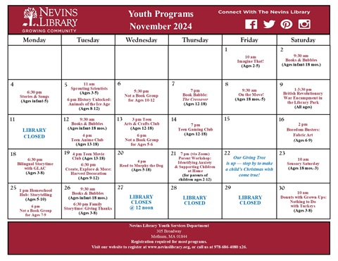 Screencap of November 2024 Youth Programs Calendar