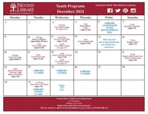 Screencap of December 2024 Youth Programs Calendar