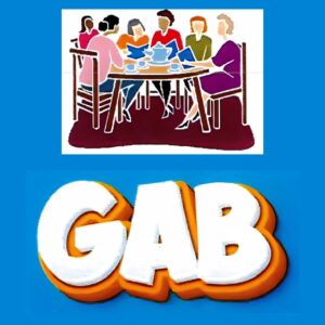 Drawing of people sitting around a table above the word GAB