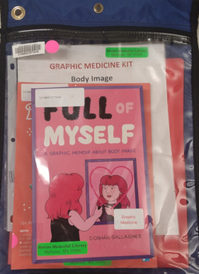 Blue bag with a clear front which a list of books in the Body Image kit shows through