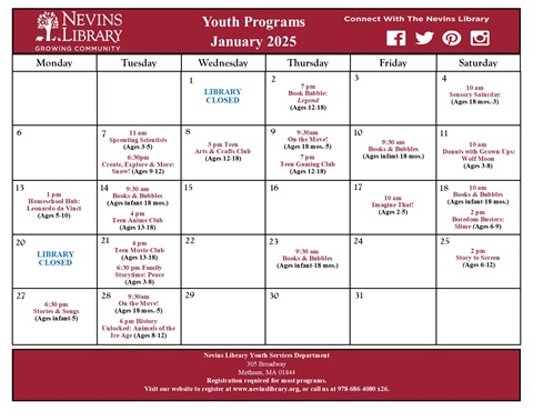 Screencap of January 2025 Youth Programs Calendar