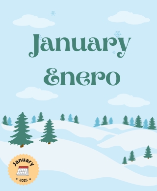 The words January and Enero above a snow covered hill with evergreen trees scattered on it