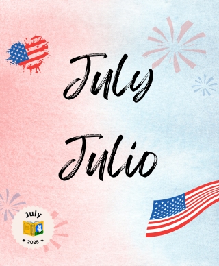 A flag in the shape of a heart and a blowing flag surrounding the words July and Julio