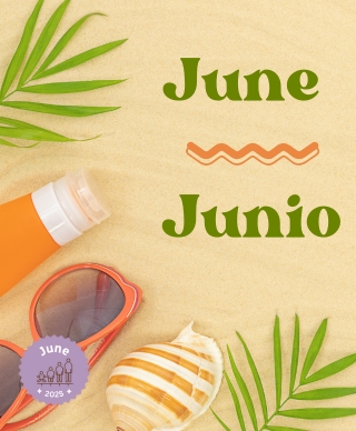 The words June and Junio next to two palm leaves, a tube of sunscreen lotion, orange sunglasses, and an orange and white shell