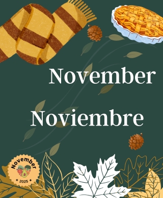 Pumpkin pie, a scarf, and leafs all on a dark green background with the words November and Noviembre in White