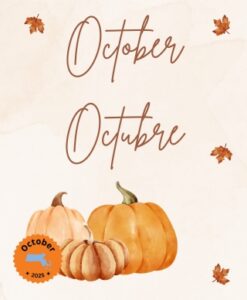 Three pumpkins piled together near the bottom and four leaves floating around the words October and Octubre