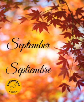 Various shades of orange leaves with the words September and Septiembre over them