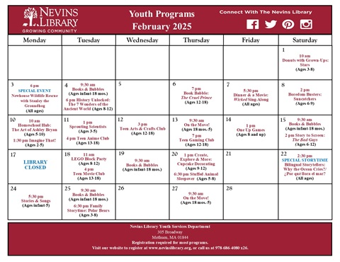 Screencap of February 2025 Youth Programs Calendar