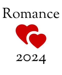 Two red drawn non-literal hearts that overlap between the words Romance and 2023