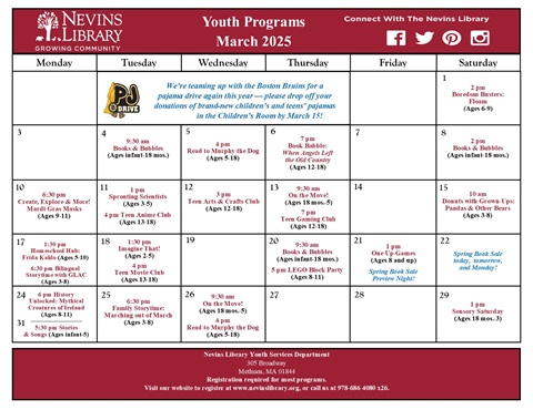 Screencap of March 2025 Youth Programs Calendar