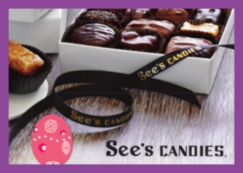 A chocolate and caramel candy on a plate on the left with a box of various chocolate candies to its right and below both a pink easter egg and the words See's Candies